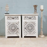 Indian Hand Carved Solid Wooden Bedside Table (Set Of 2) White